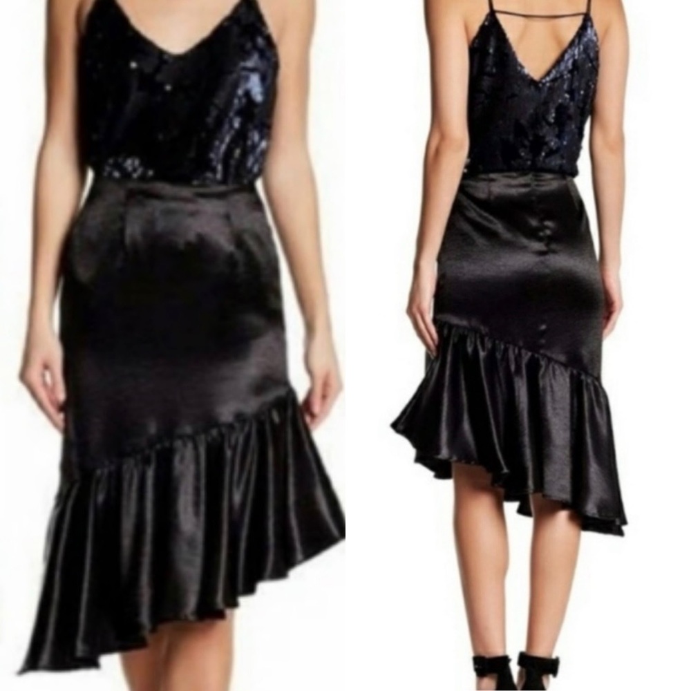 Ro & De NWT Anthropologie Black Satin Asymmetrical Hemline Back Zip Skirt Sz Sm